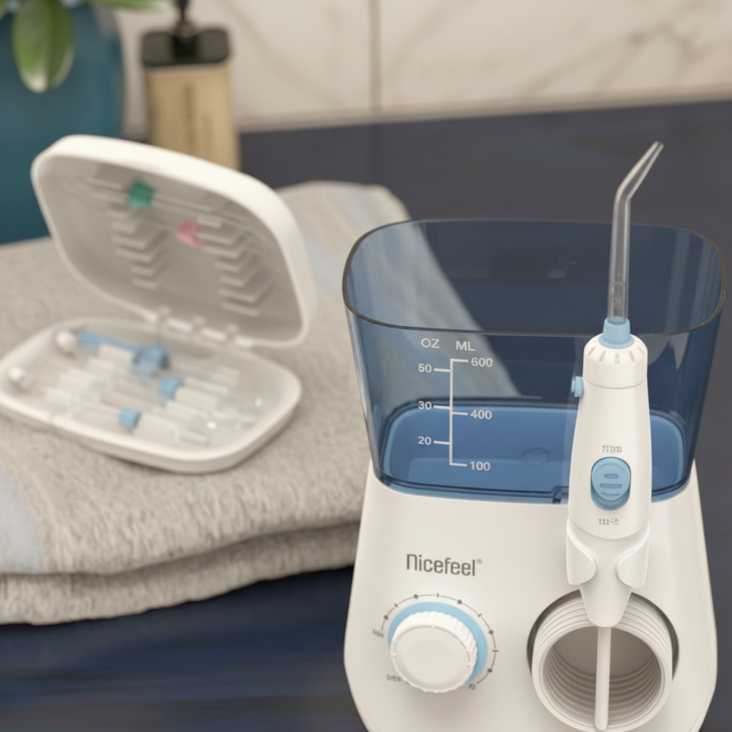 Nicefeel Water Flosser Oral Irrigator with 7 Interchangeable Jet Tips, Dental Water Flossing System with Large Water Tank, Adjustable Pressure Control,