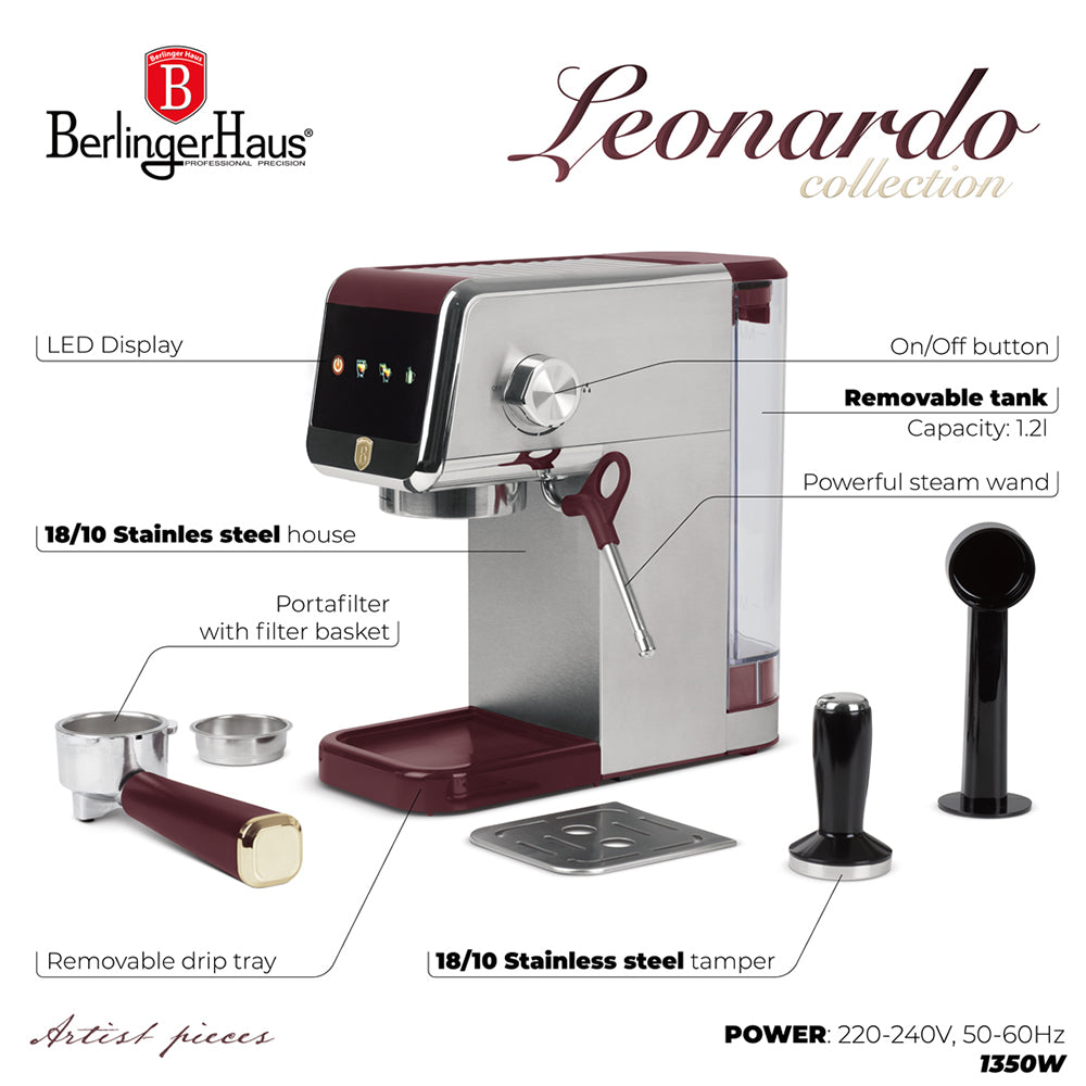 Berlinger Haus Leonardo Digital Espresso Machine – 20 Bar Coffee Maker with Milk Frother