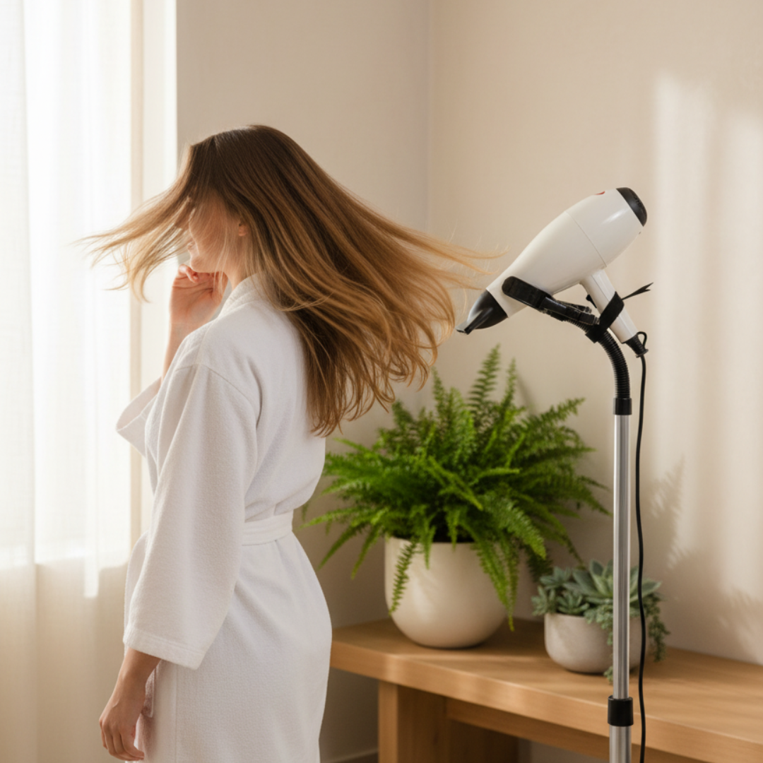 Hands-Free Hair Dryer Holder Stand – Adjustable Gooseneck, 360° Rotation