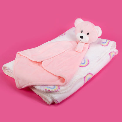 Baby Blanket With Comforter Set Pink 90x75cm, 100% Wool Baby Blanket And Security Blanket - Soft Baby Comforter 30cm With Plush Blanket, pink