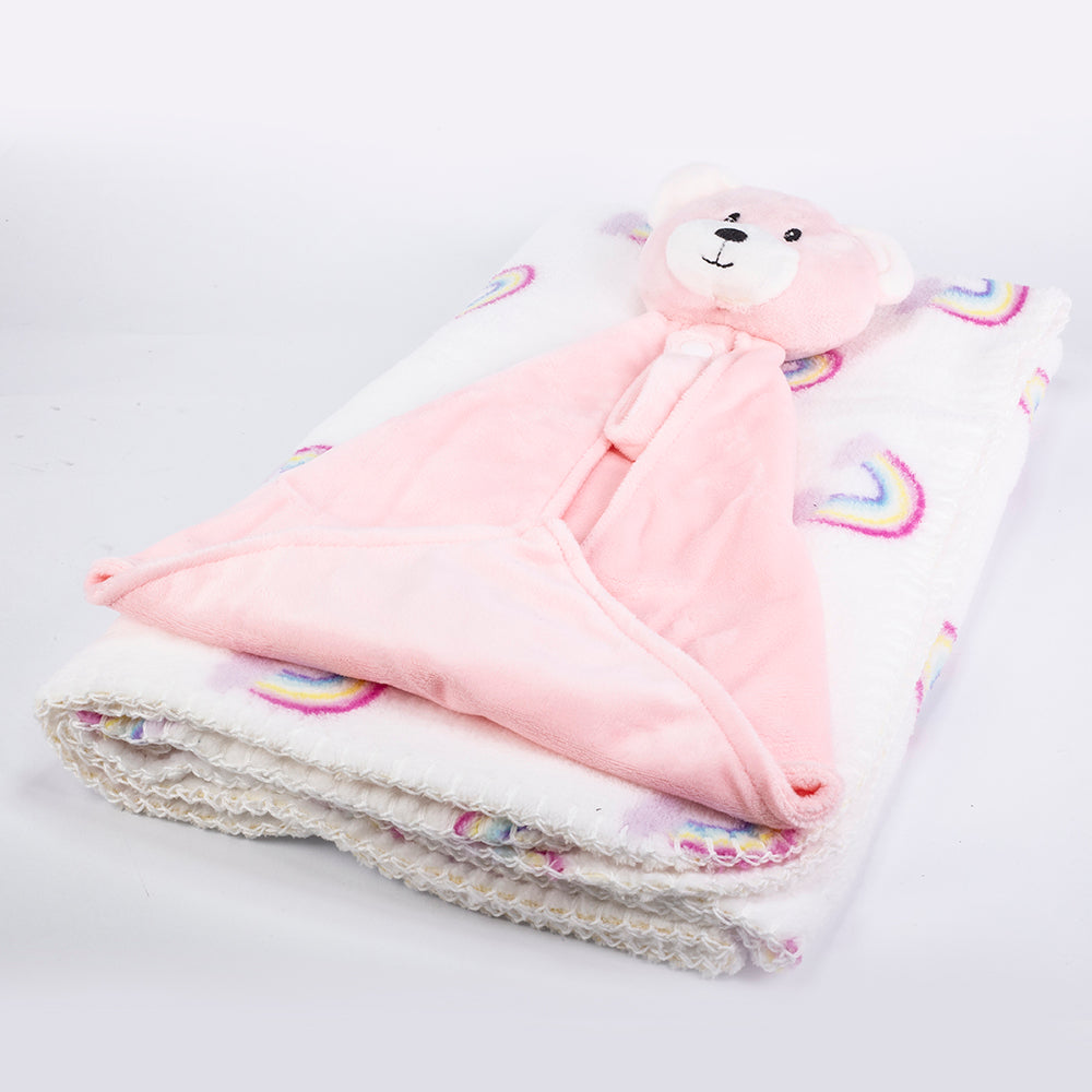 Baby Blanket With Comforter Set Pink 90x75cm, 100% Wool Baby Blanket And Security Blanket - Soft Baby Comforter 30cm With Plush Blanket, pink