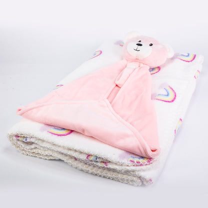 Baby Blanket With Comforter Set Pink 90x75cm, 100% Wool Baby Blanket And Security Blanket - Soft Baby Comforter 30cm With Plush Blanket, pink