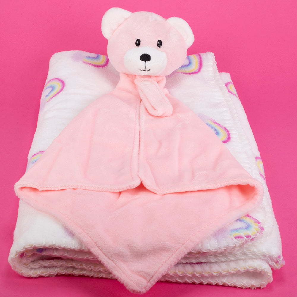 Baby Blanket With Comforter Set Pink 90x75cm, 100% Wool Baby Blanket And Security Blanket - Soft Baby Comforter 30cm With Plush Blanket, pink