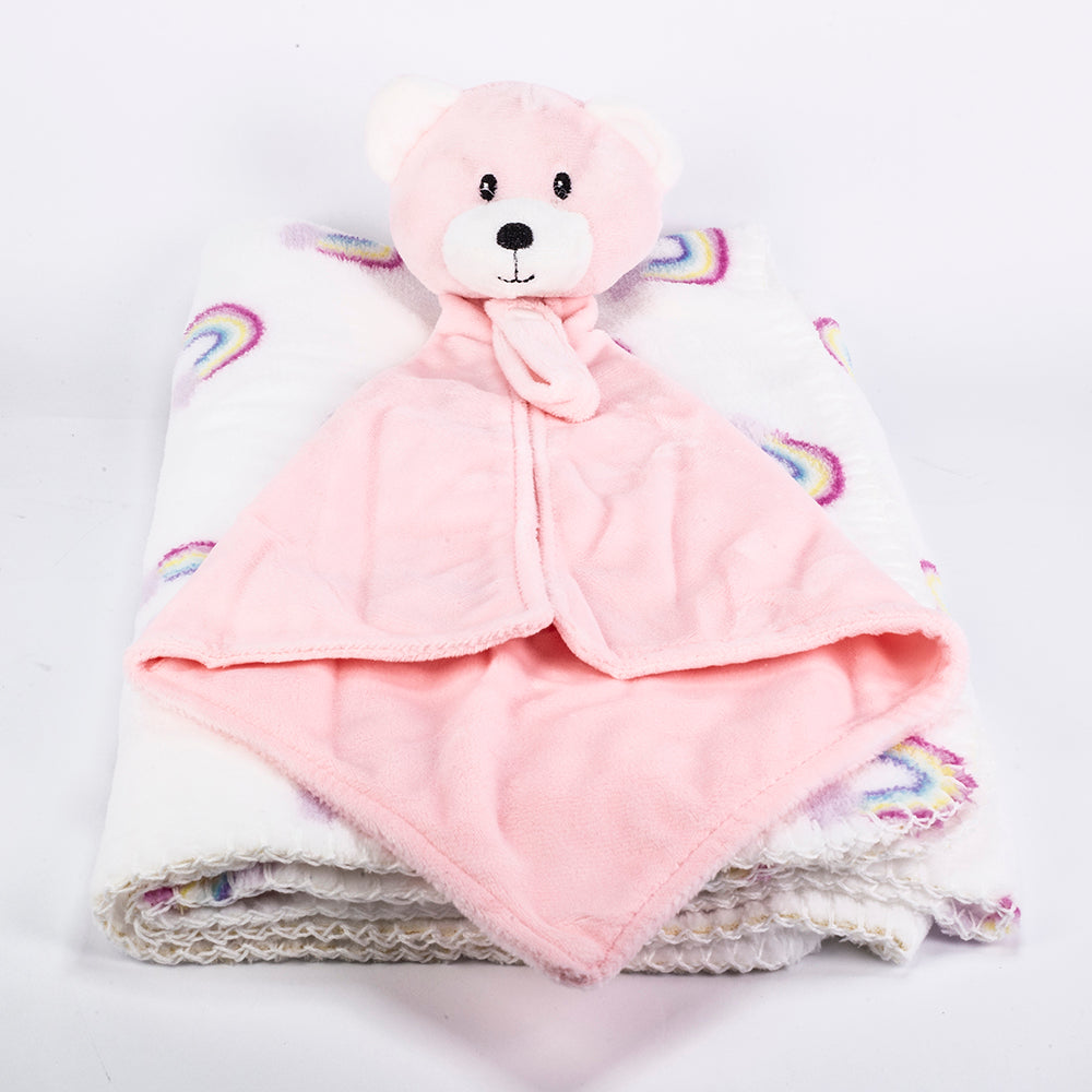 Baby Blanket With Comforter Set Pink 90x75cm, 100% Wool Baby Blanket And Security Blanket - Soft Baby Comforter 30cm With Plush Blanket, pink