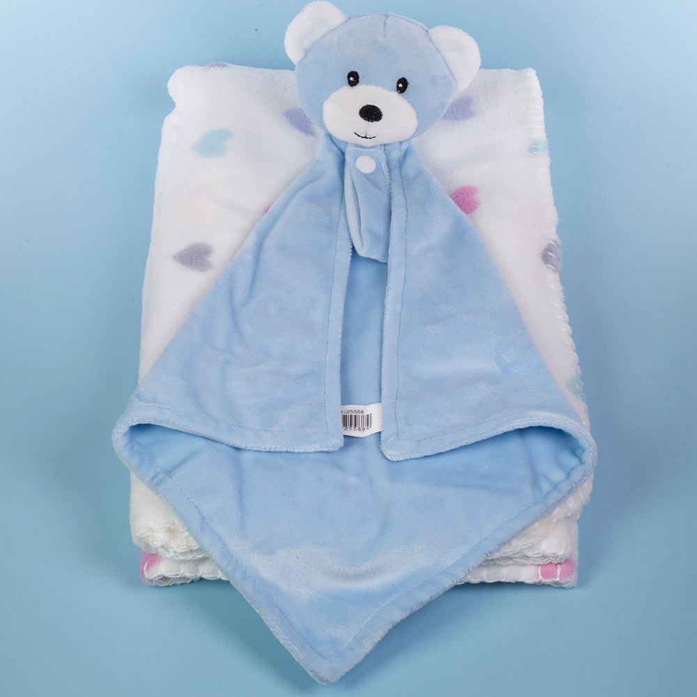 Baby Blanket With Comforter Set Pink 90x75cm, 100% Wool Baby Blanket And Security Blanket - Soft Baby Comforter 30cm With Plush Blanket, blue