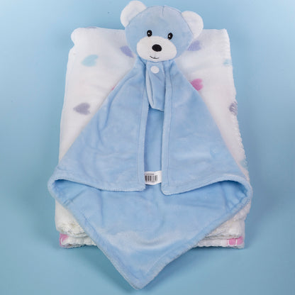 Baby Blanket With Comforter Set Pink 90x75cm, 100% Wool Baby Blanket And Security Blanket - Soft Baby Comforter 30cm With Plush Blanket, blue