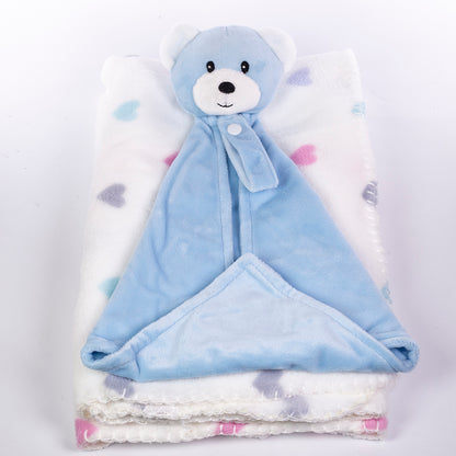 Baby Blanket With Comforter Set Pink 90x75cm, 100% Wool Baby Blanket And Security Blanket - Soft Baby Comforter 30cm With Plush Blanket, blue