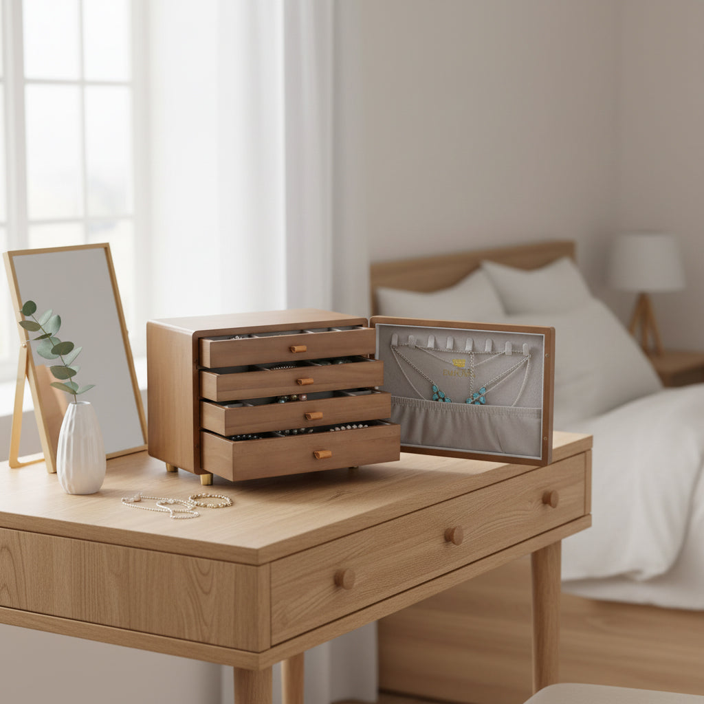 Emporia Wooden Jewelry Box – Multi-Layer Jewelry Organizer with Drawers, Necklace Hooks & Velvet Lining
