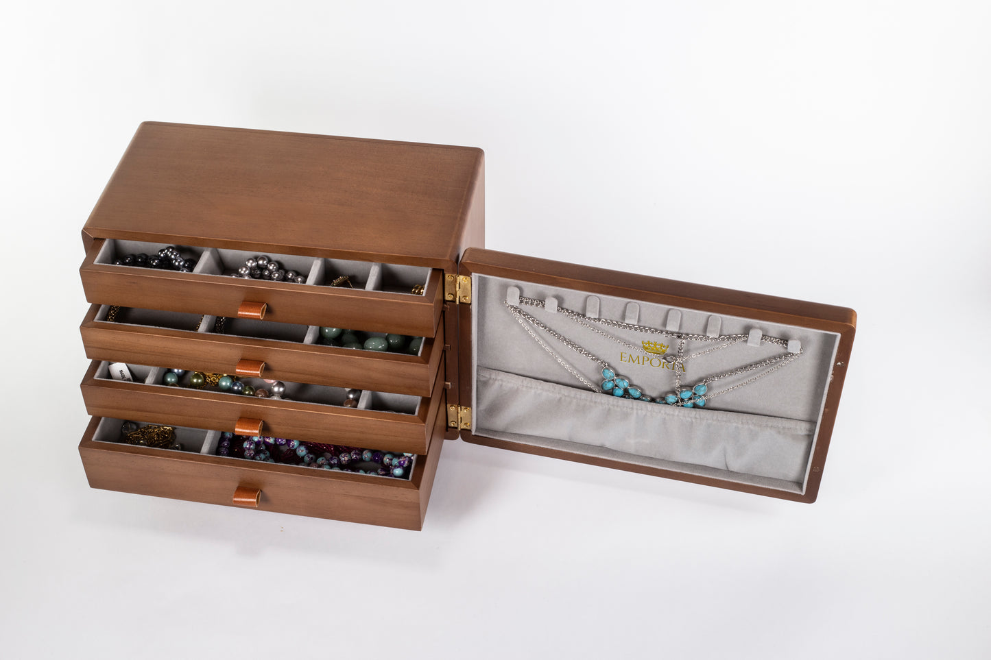 Emporia Wooden Jewelry Box – Multi-Layer Jewelry Organizer with Drawers, Necklace Hooks & Velvet Lining