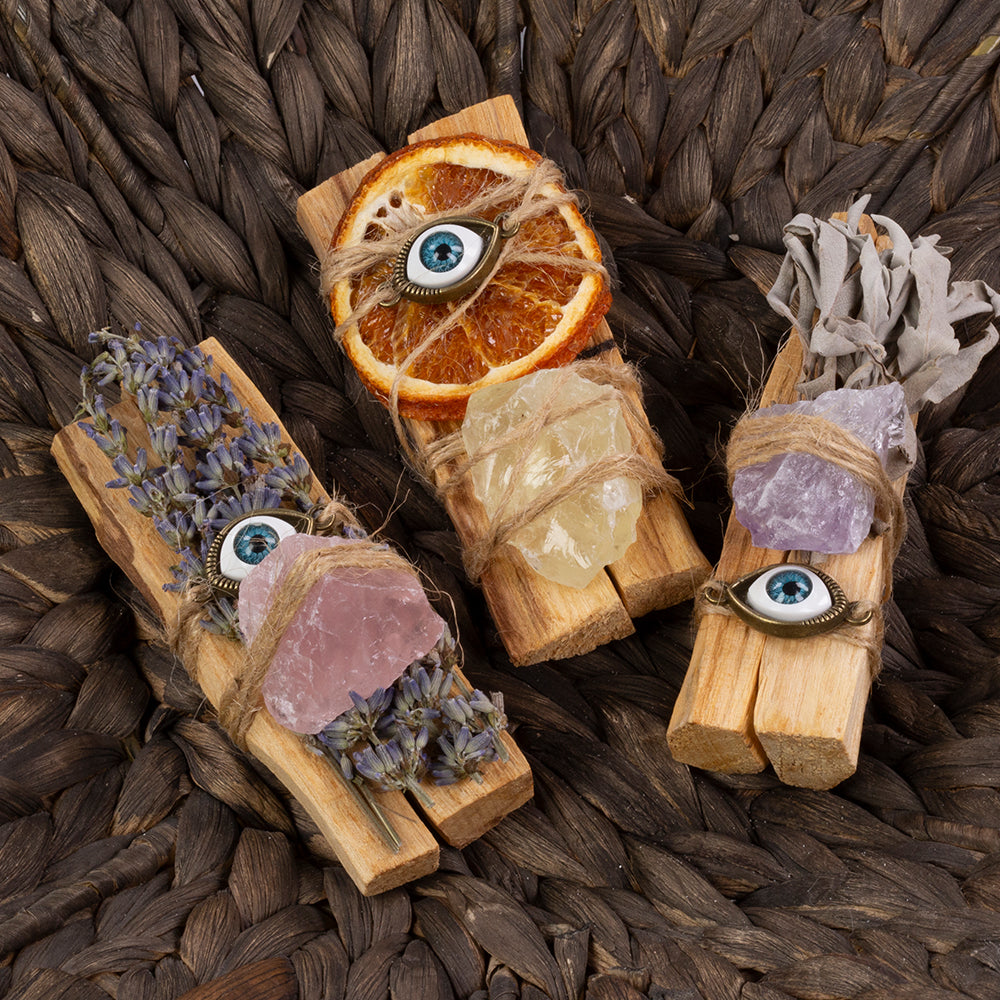 Palo Santo Incense Stick Set – 3 Pack Sacred Wood with Healing Crystals