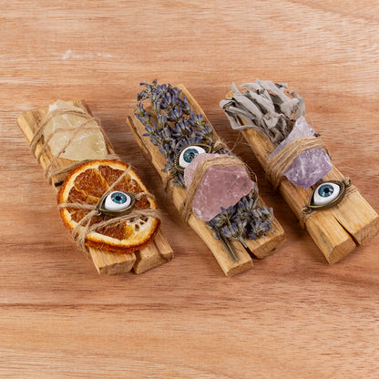 Palo Santo Incense Stick Set – 3 Pack Sacred Wood with Healing Crystals