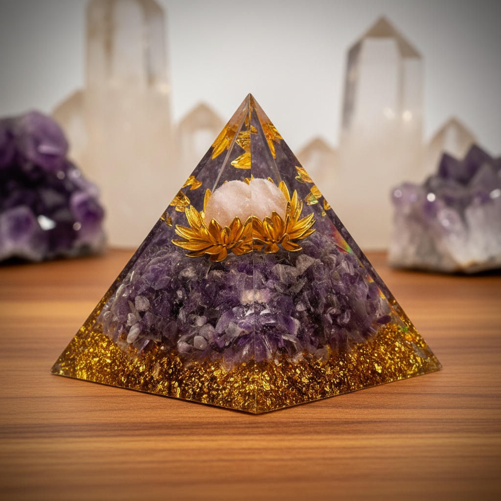Amethyst Crystal Pyramid Talisman – Polished Resin Pyramid with Crystal Chips