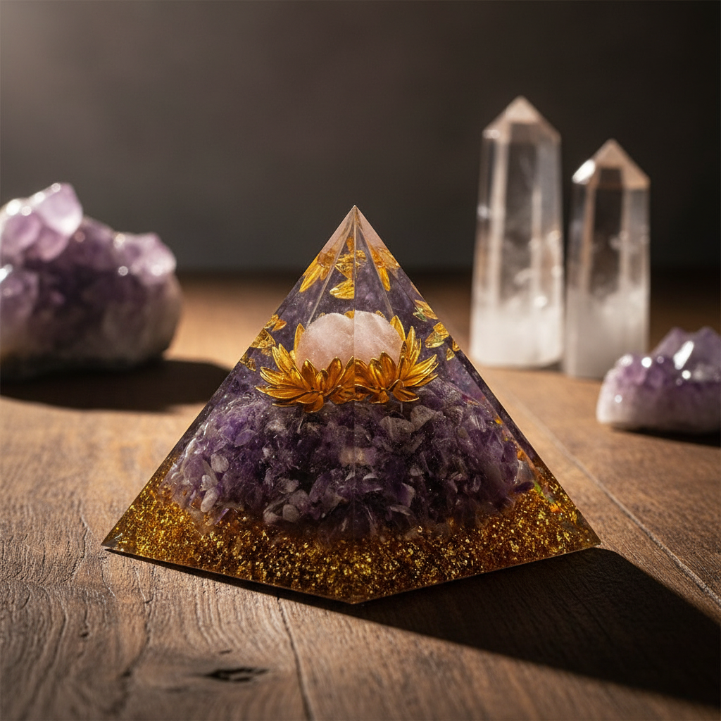 Amethyst Crystal Pyramid Talisman – Polished Resin Pyramid with Crystal Chips
