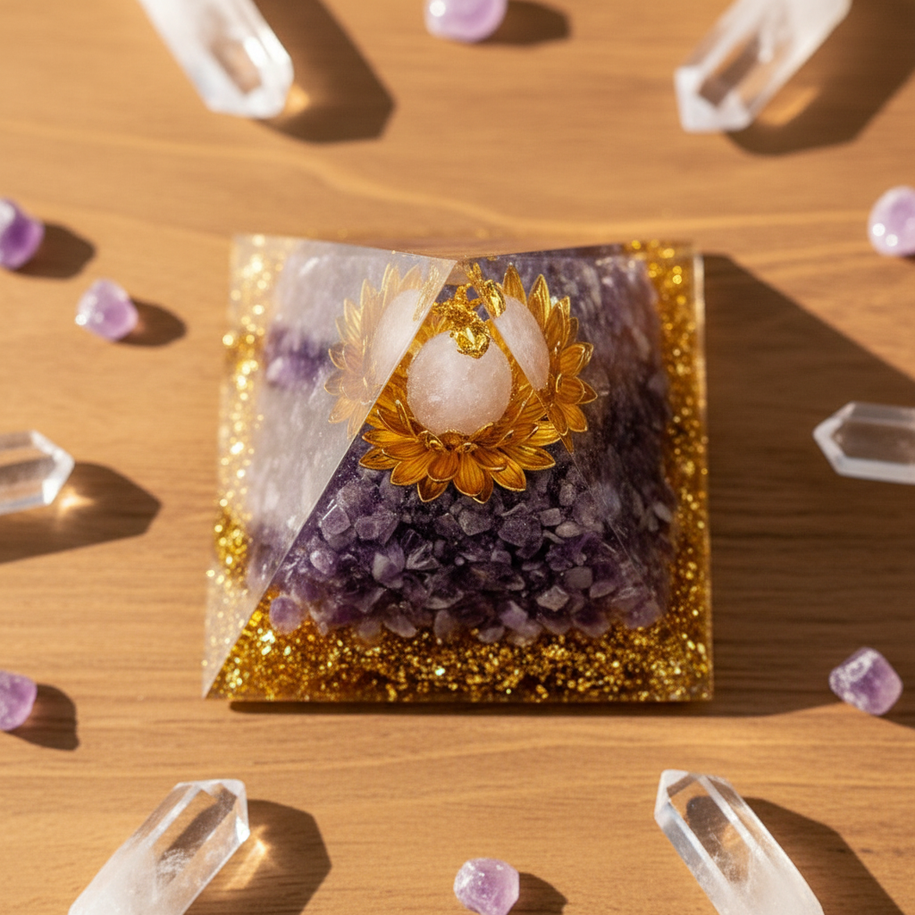 Amethyst Crystal Pyramid Talisman – Polished Resin Pyramid with Crystal Chips