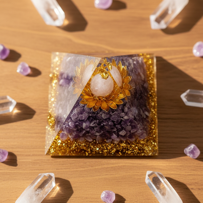 Amethyst Crystal Pyramid Talisman – Polished Resin Pyramid with Crystal Chips