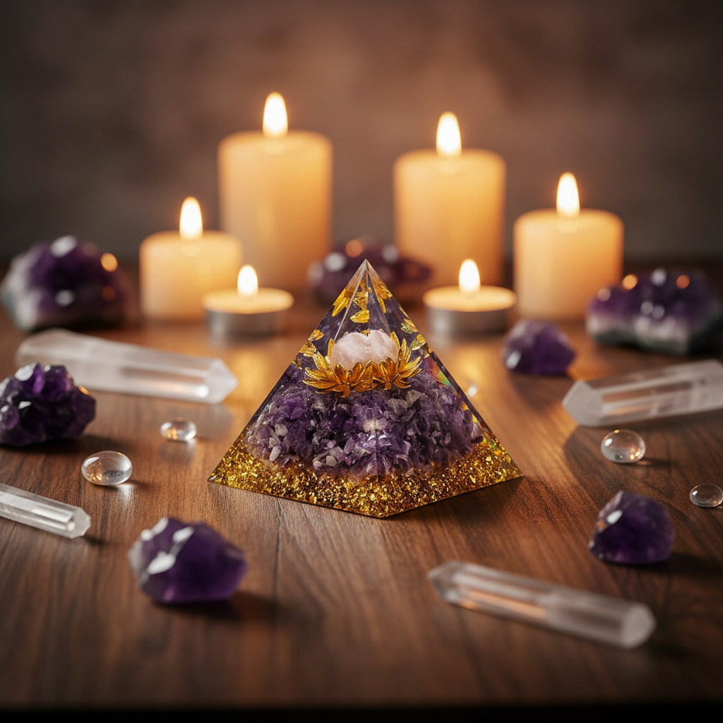 Amethyst Crystal Pyramid Talisman – Polished Resin Pyramid with Crystal Chips