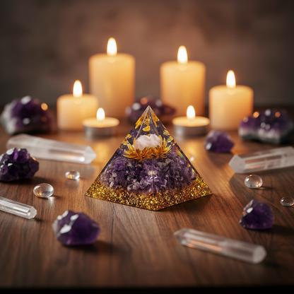 Amethyst Crystal Pyramid Talisman – Polished Resin Pyramid with Crystal Chips