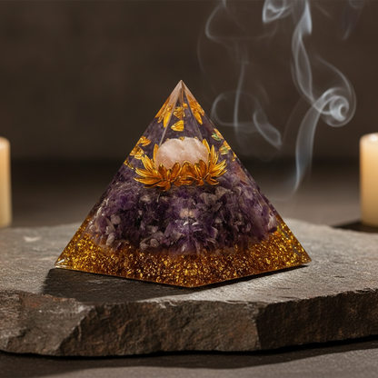Amethyst Crystal Pyramid Talisman – Polished Resin Pyramid with Crystal Chips