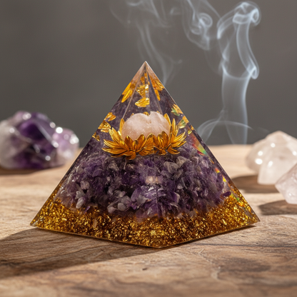 Amethyst Crystal Pyramid Talisman – Polished Resin Pyramid with Crystal Chips