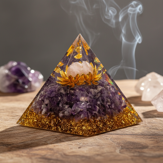 Amethyst Crystal Pyramid Talisman – Polished Resin Pyramid with Crystal Chips