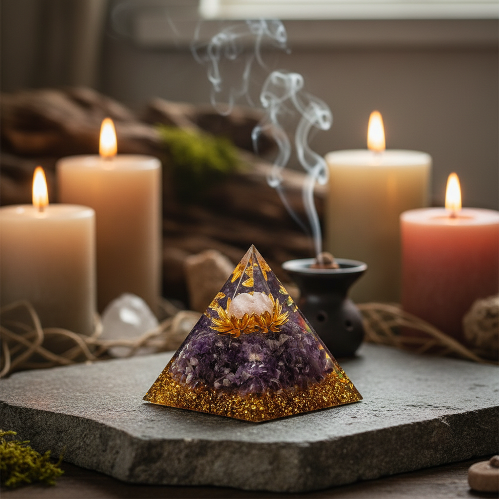Amethyst Crystal Pyramid Talisman – Polished Resin Pyramid with Crystal Chips