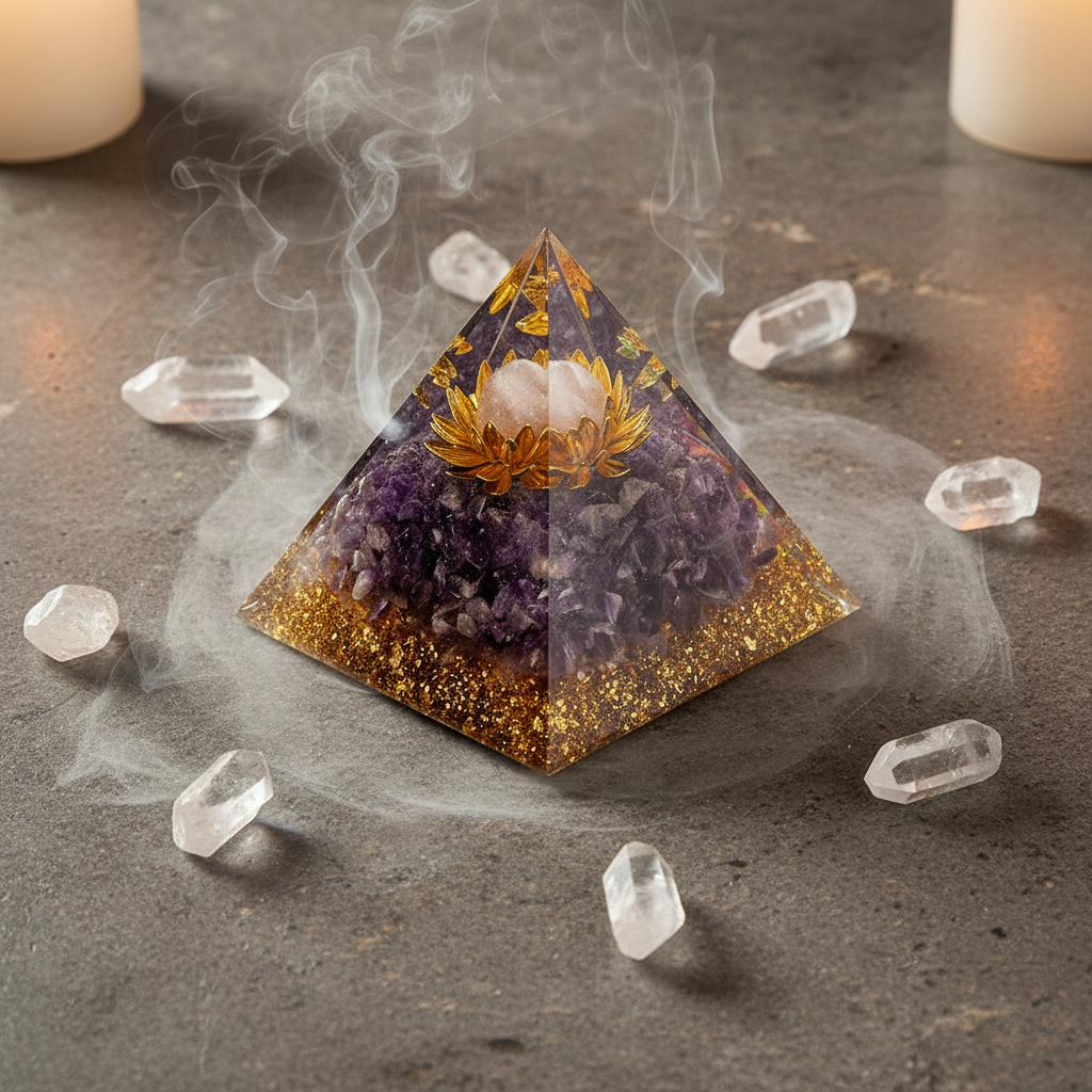 Amethyst Crystal Pyramid Talisman – Polished Resin Pyramid with Crystal Chips