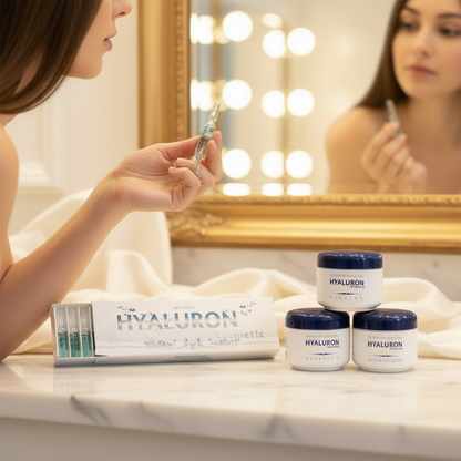 Hyaluron Skincare Set – Exfoliating Scrub, Day & Night Creams, 15 Hyaluron Ampoules, Premium 125ml