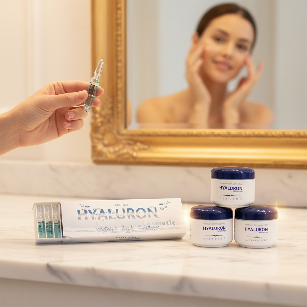 Hyaluron Skincare Set – Exfoliating Scrub, Day & Night Creams, 15 Hyaluron Ampoules, Premium 125ml