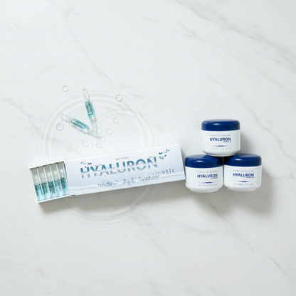 Hyaluron Skincare Set – Exfoliating Scrub, Day & Night Creams, 15 Hyaluron Ampoules, Premium 125ml