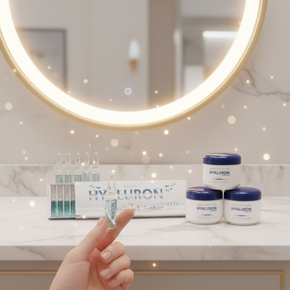 Hyaluron Skincare Set – Exfoliating Scrub, Day & Night Creams, 15 Hyaluron Ampoules, Premium 125ml