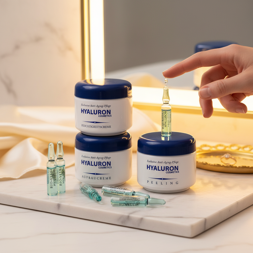 Hyaluron Skincare Set – Exfoliating Scrub, Day & Night Creams, 15 Hyaluron Ampoules, Premium 125ml