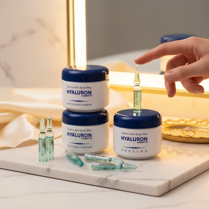 Hyaluron Skincare Set – Exfoliating Scrub, Day & Night Creams, 15 Hyaluron Ampoules, Premium 125ml