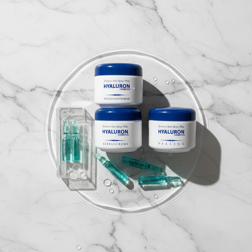 Hyaluron Skincare Set – Exfoliating Scrub, Day & Night Creams, 15 Hyaluron Ampoules, Premium 125ml
