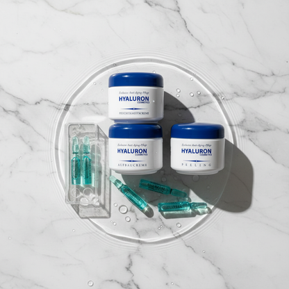 Hyaluron Skincare Set – Exfoliating Scrub, Day & Night Creams, 15 Hyaluron Ampoules, Premium 125ml