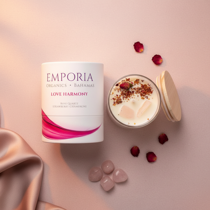 Emporia Organics Soy Wax Candle 230g – Strawberry Champagne Scent with Rose Quartz Crystal