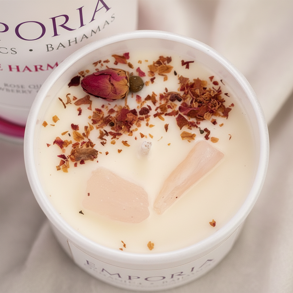 Emporia Organics Soy Wax Candle 230g – Strawberry Champagne Scent with Rose Quartz Crystal