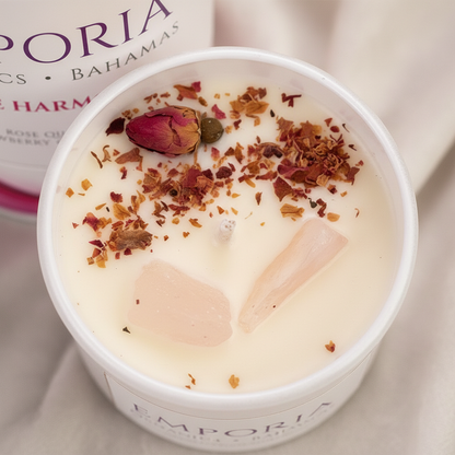 Emporia Organics Soy Wax Candle 230g – Strawberry Champagne Scent with Rose Quartz Crystal