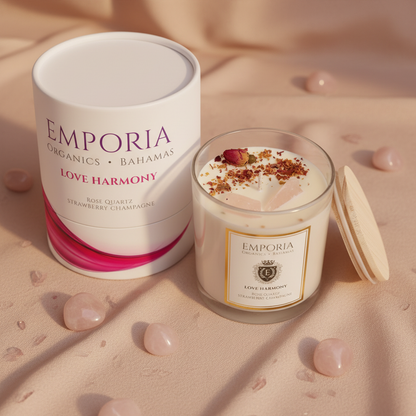 Emporia Organics Soy Wax Candle 230g – Strawberry Champagne Scent with Rose Quartz Crystal