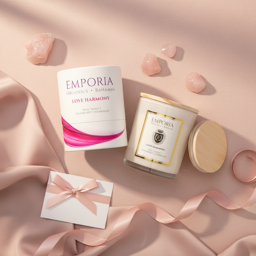 Emporia Organics Soy Wax Candle 230g – Strawberry Champagne Scent with Rose Quartz Crystal