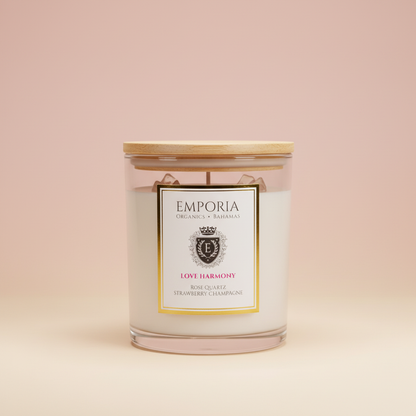 Emporia Organics Soy Wax Candle 230g – Strawberry Champagne Scent with Rose Quartz Crystal