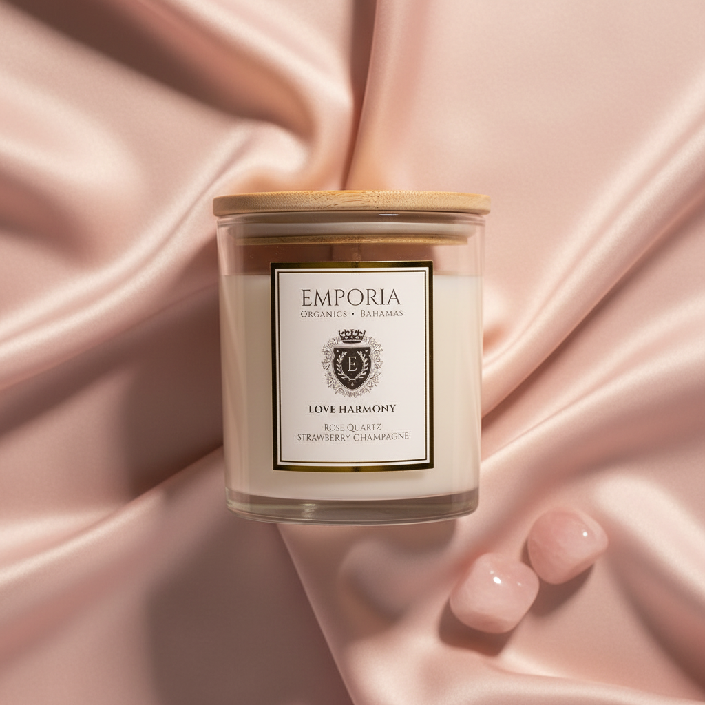 Emporia Organics Soy Wax Candle 230g – Strawberry Champagne Scent with Rose Quartz Crystal