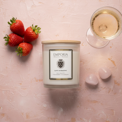 Emporia Organics Soy Wax Candle 230g – Strawberry Champagne Scent with Rose Quartz Crystal