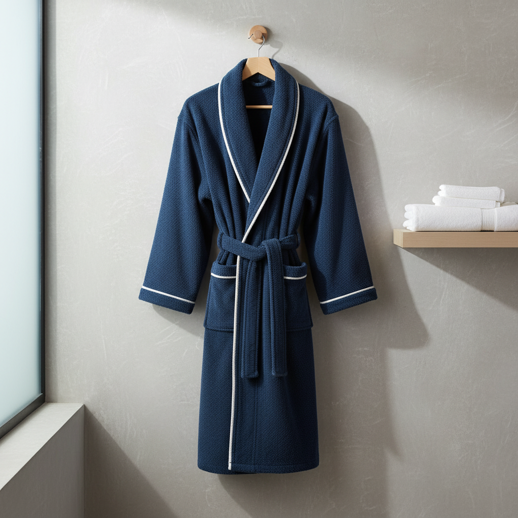 Luxury Hotel Style Cotton Bathrobe – Blue Velour Robe with Pockets and Belt