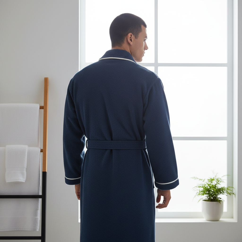 Luxury Hotel Style Cotton Bathrobe – Blue Velour Robe with Pockets and Belt