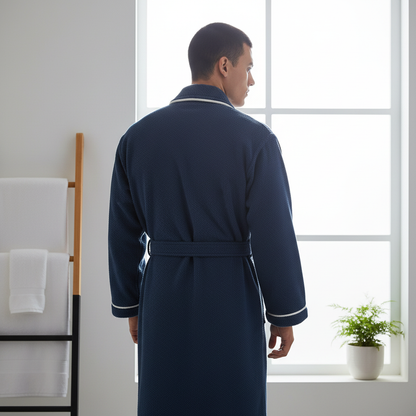 Luxury Hotel Style Cotton Bathrobe – Blue Velour Robe with Pockets and Belt