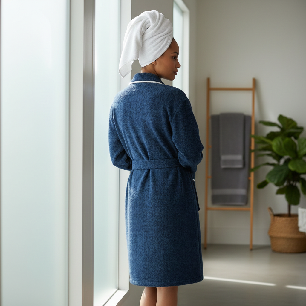 Luxury Hotel Style Cotton Bathrobe – Blue Velour Robe with Pockets and Belt