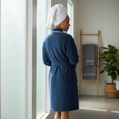Luxury Hotel Style Cotton Bathrobe – Blue Velour Robe with Pockets and Belt
