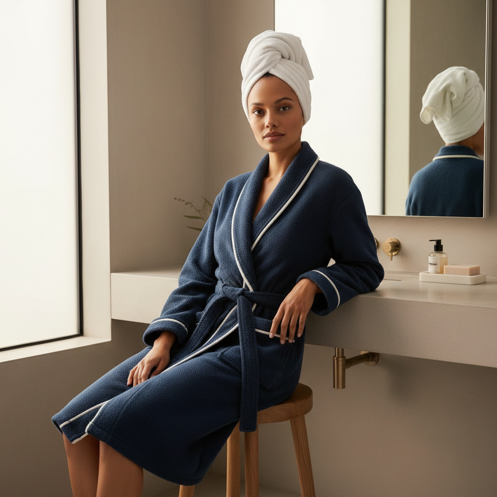 Luxury Hotel Style Cotton Bathrobe – Blue Velour Robe with Pockets and Belt
