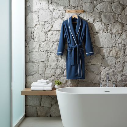 Luxury Hotel Style Cotton Bathrobe – Blue Velour Robe with Pockets and Belt