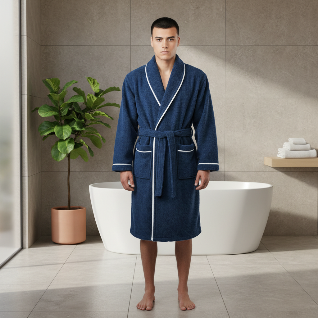 Luxury Hotel Style Cotton Bathrobe – Blue Velour Robe with Pockets and Belt